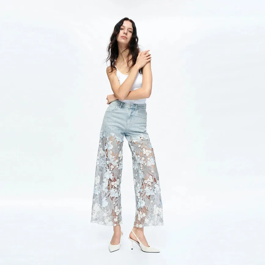 High Rise Wide Leg Jeans with Lace Spliced LESLEY BLUE