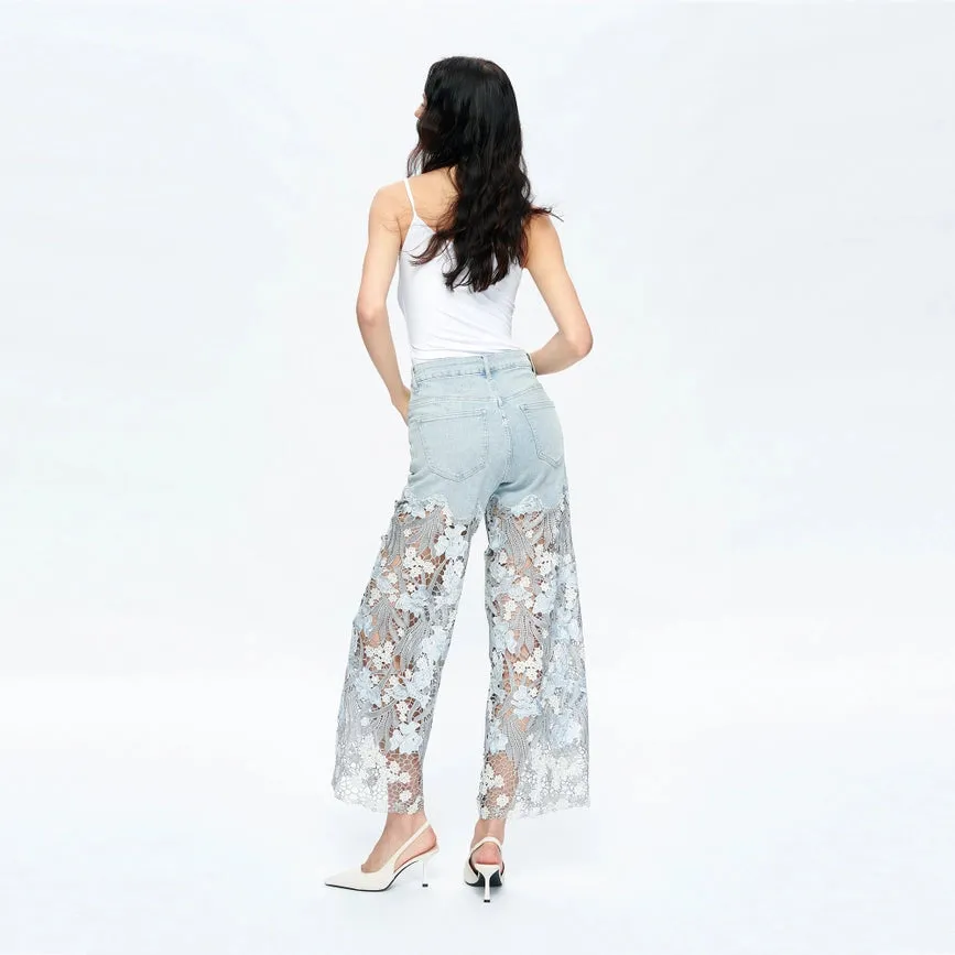 High Rise Wide Leg Jeans with Lace Spliced LESLEY BLUE