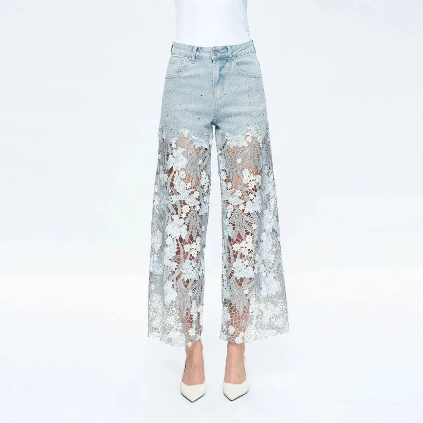 High Rise Wide Leg Jeans with Lace Spliced LESLEY BLUE