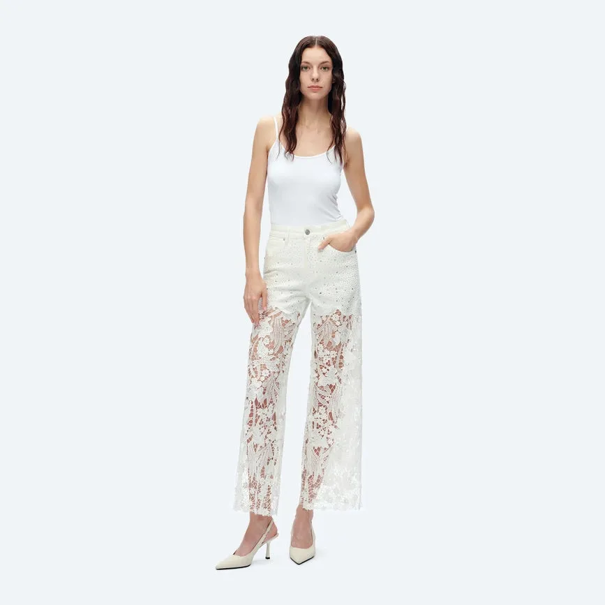 High Rise Wide Leg Jeans with Lace Spliced WHITE