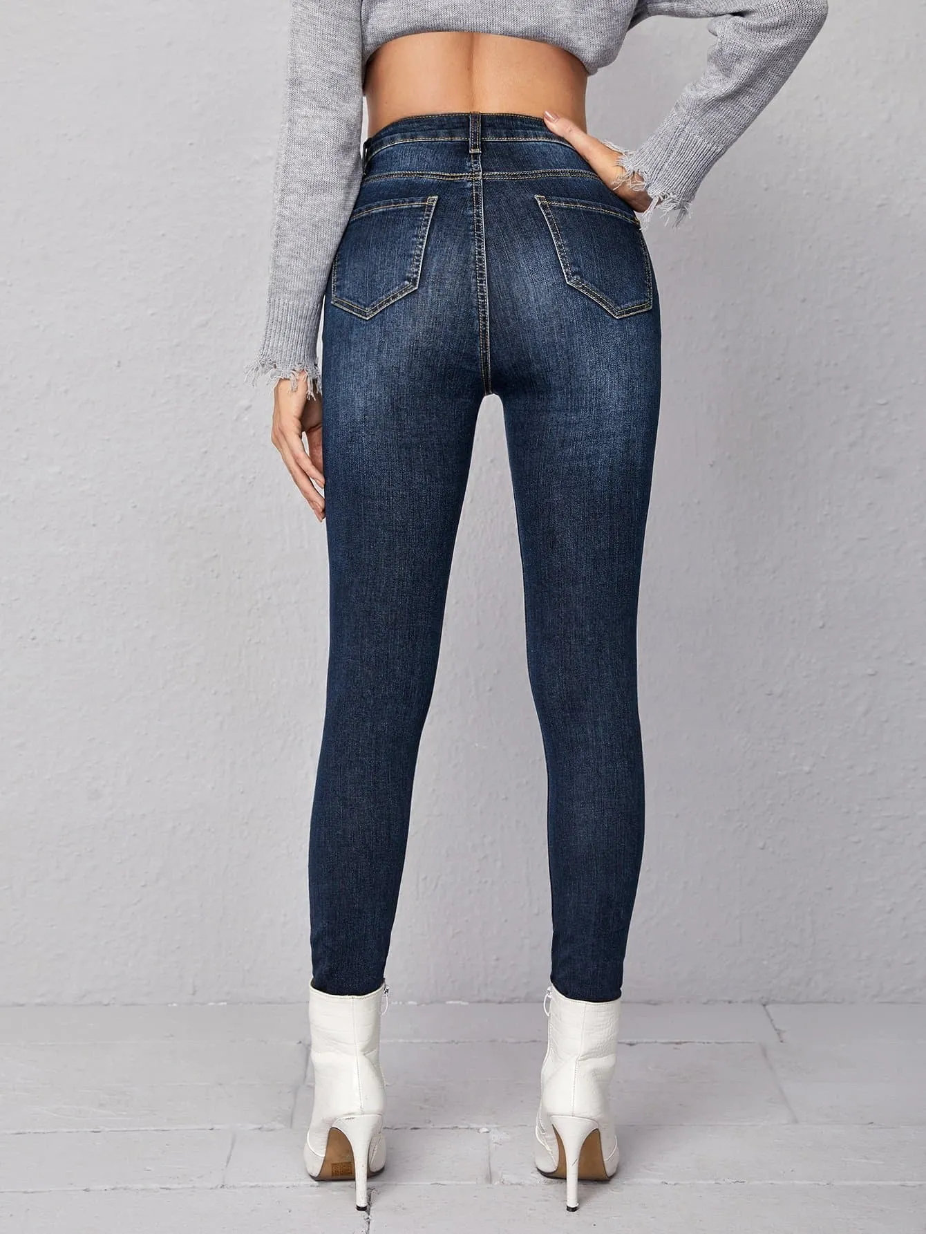 High Waist Zipper Fly Dark Wash Skinny Jeans