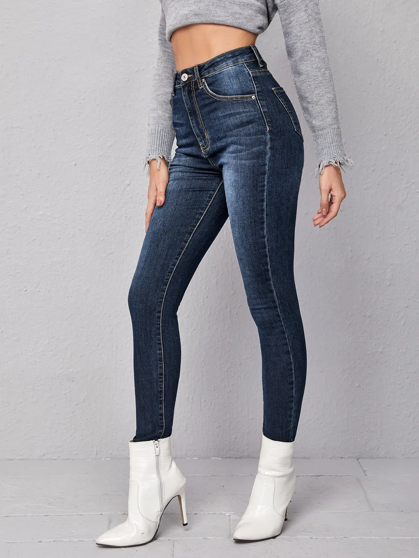 High Waist Zipper Fly Dark Wash Skinny Jeans