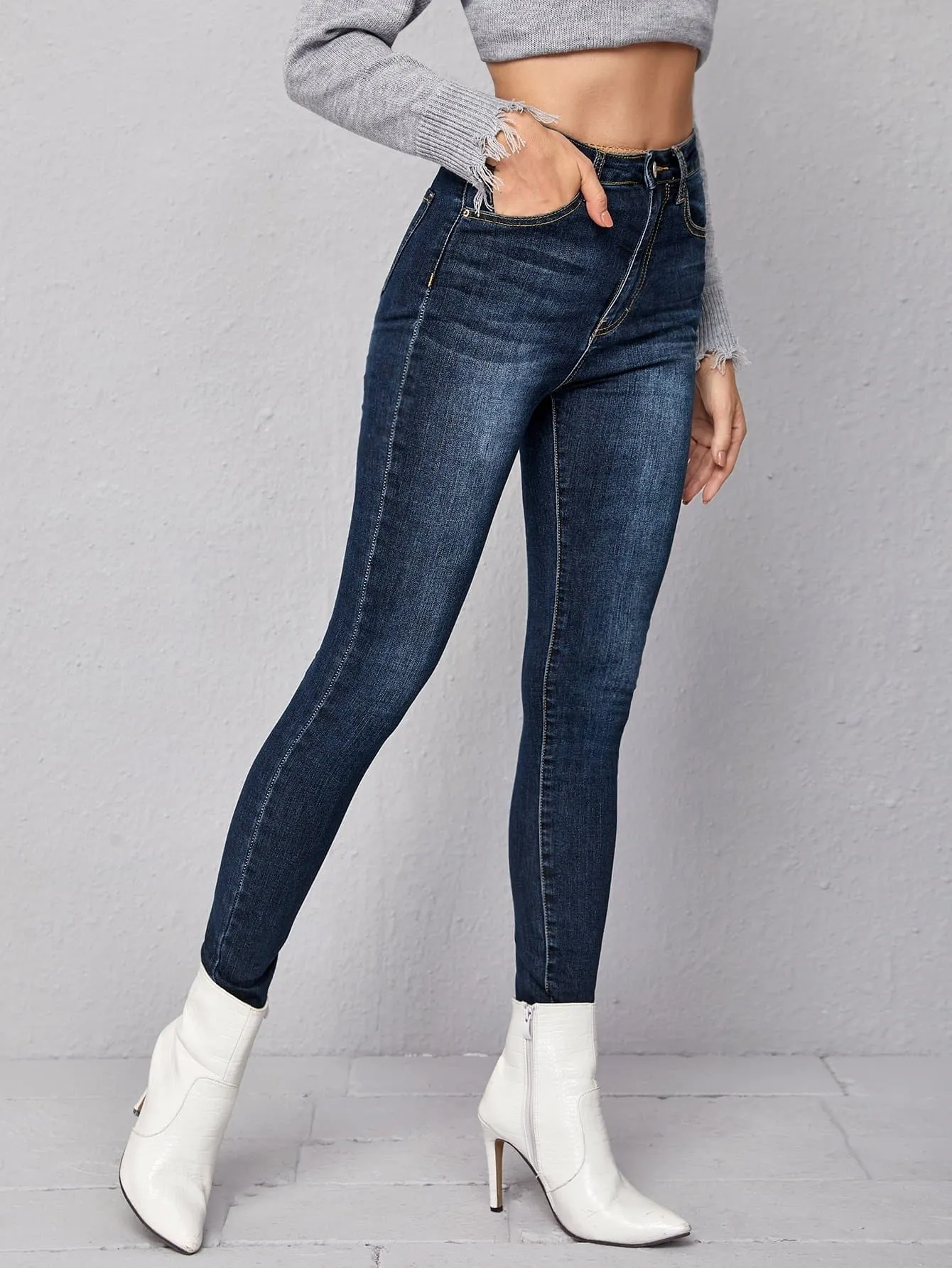 High Waist Zipper Fly Dark Wash Skinny Jeans