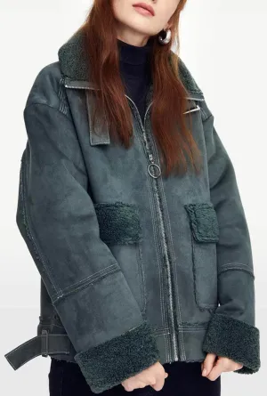 Lapel Collar Fleece Patchwork Short Jacket