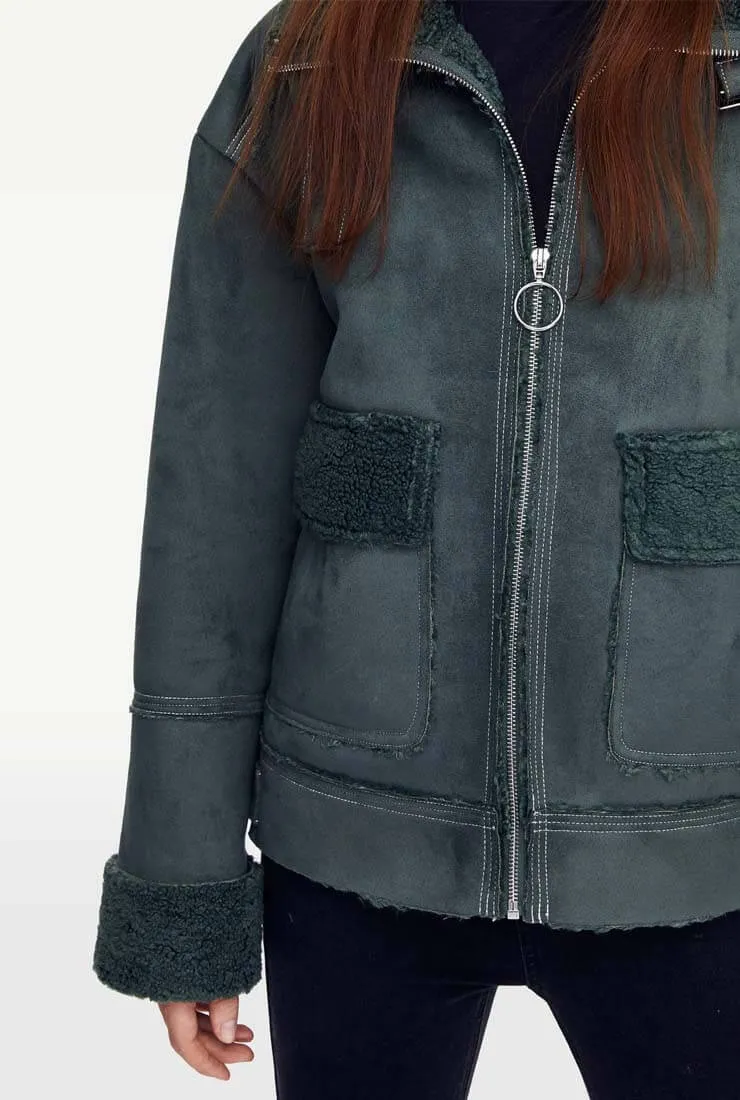 Lapel Collar Fleece Patchwork Short Jacket