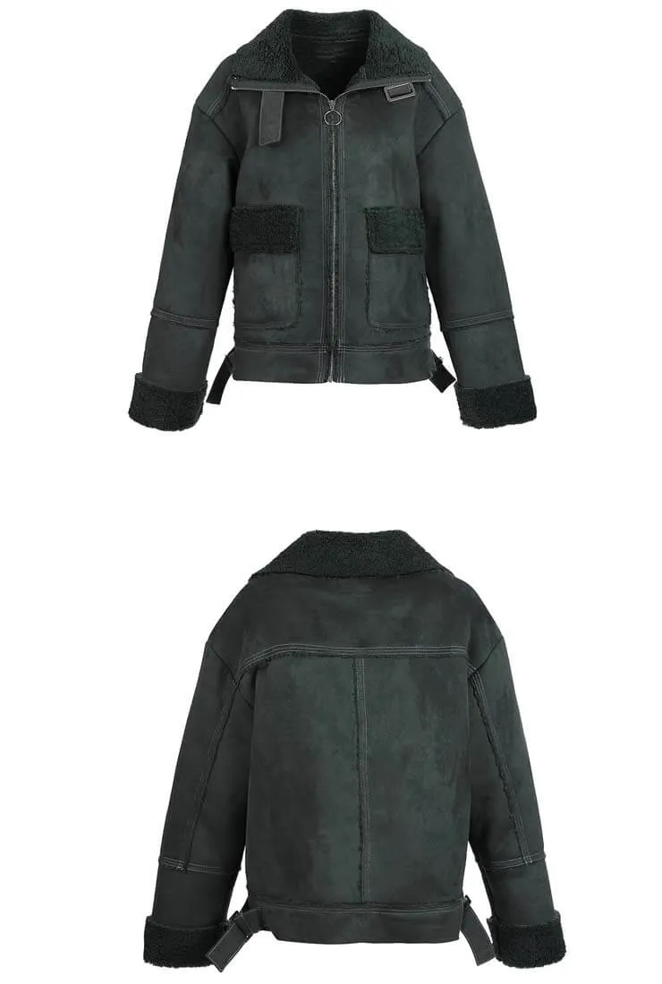 Lapel Collar Fleece Patchwork Short Jacket