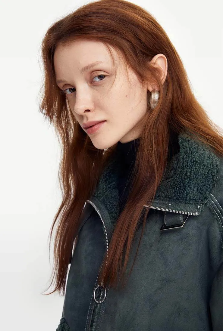 Lapel Collar Fleece Patchwork Short Jacket