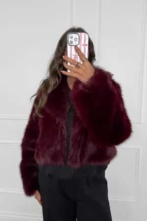 LARNA Faux Fur Cropped Jacket - Burgundy Red