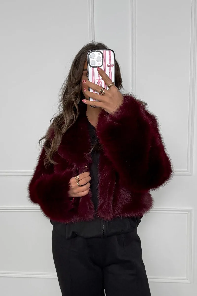 LARNA Faux Fur Cropped Jacket - Burgundy Red