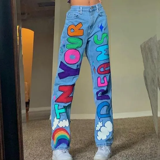 Letter Printed Baggy Women Jeans Pants High Waist Wide Leg Jeans