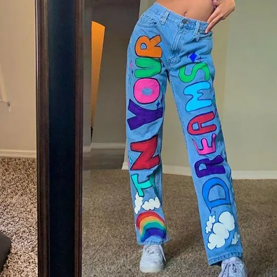 Letter Printed Baggy Women Jeans Pants High Waist Wide Leg Jeans
