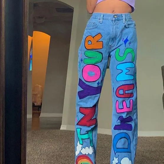 Letter Printed Baggy Women Jeans Pants High Waist Wide Leg Jeans