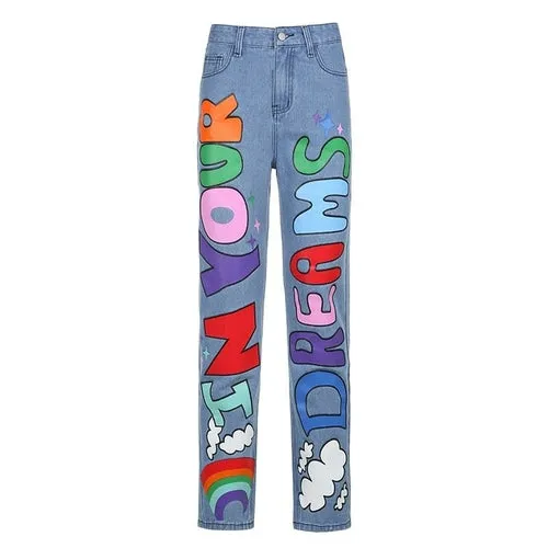 Letter Printed Baggy Women Jeans Pants High Waist Wide Leg Jeans