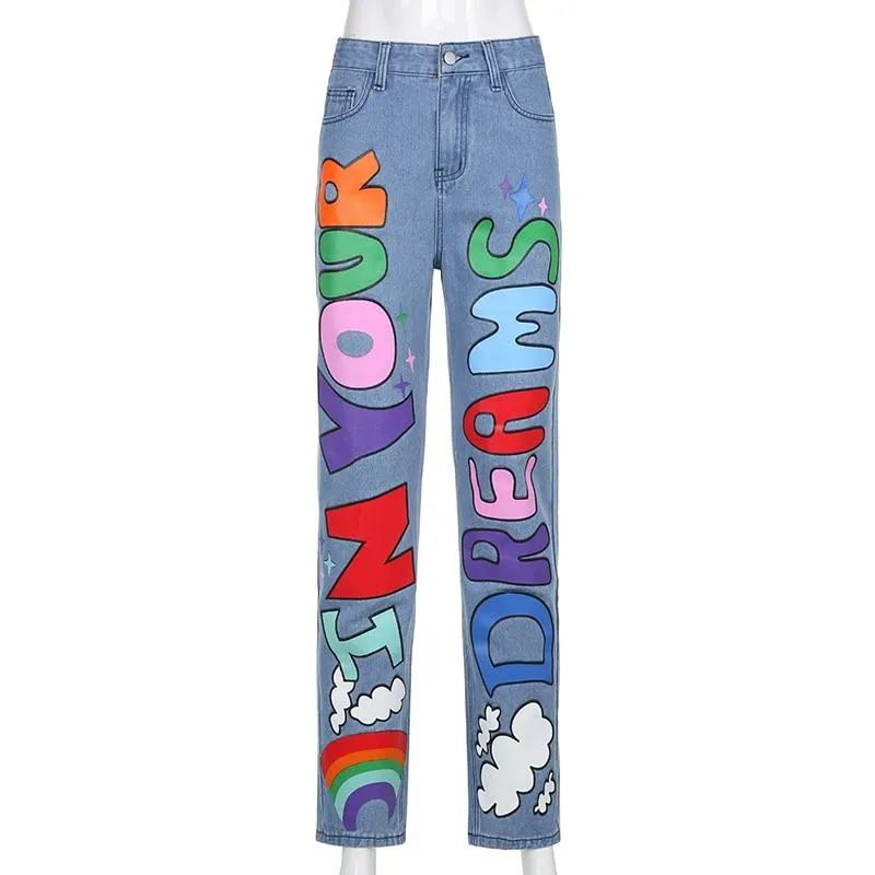Letter Printed Baggy Women Jeans Pants High Waist Wide Leg Jeans