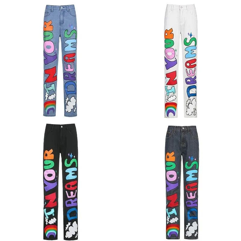 Letter Printed Baggy Women Jeans Pants High Waist Wide Leg Jeans