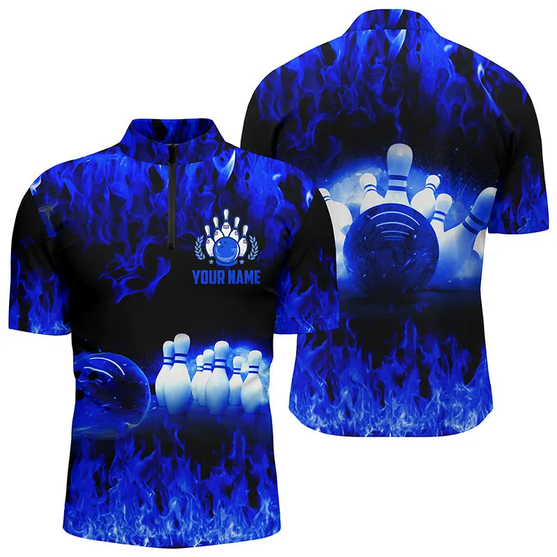 Multi Color Flame Men's Bowling Quarter Zip Shirts, Personalized Cool Bowling Team League Bowling Shirts