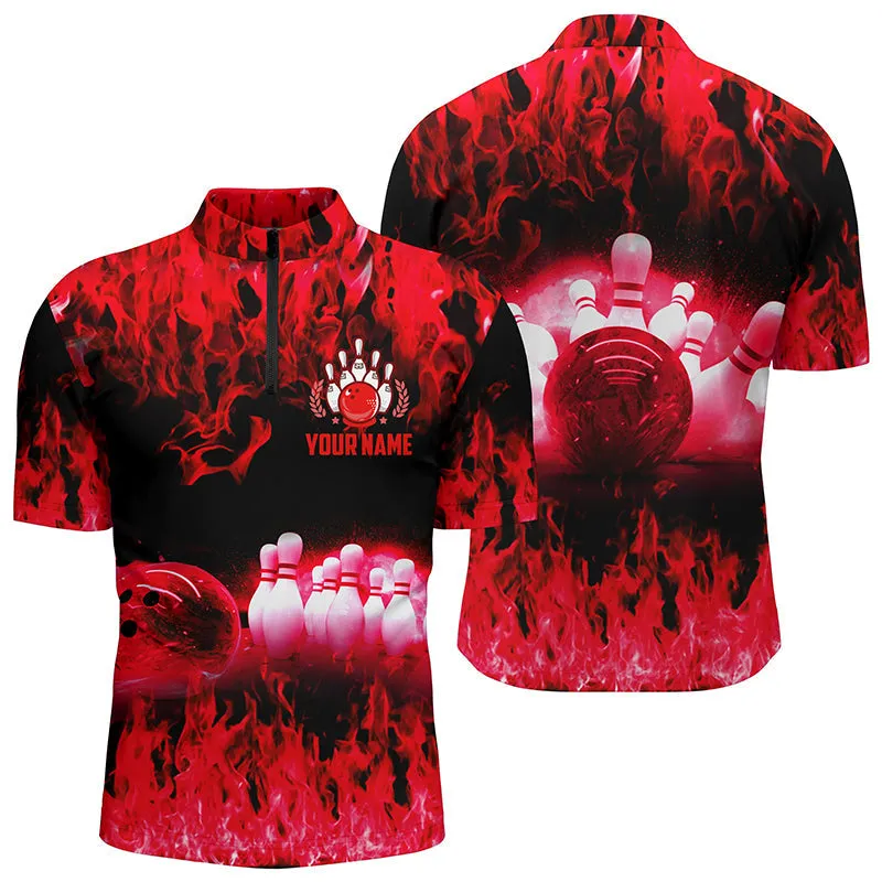 Multi Color Flame Men's Bowling Quarter Zip Shirts, Personalized Cool Bowling Team League Bowling Shirts