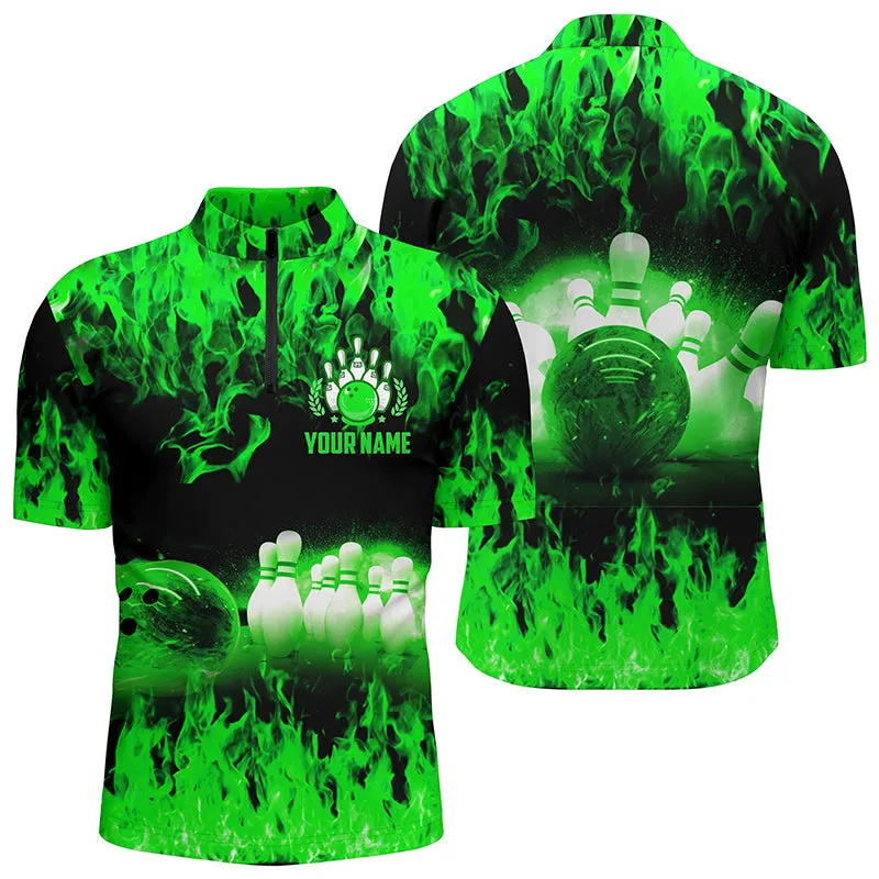 Multi Color Flame Men's Bowling Quarter Zip Shirts, Personalized Cool Bowling Team League Bowling Shirts