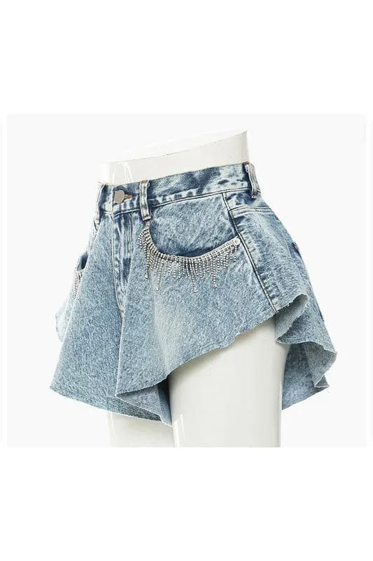 PA907 Rhinestone Fringe Denim Shorts