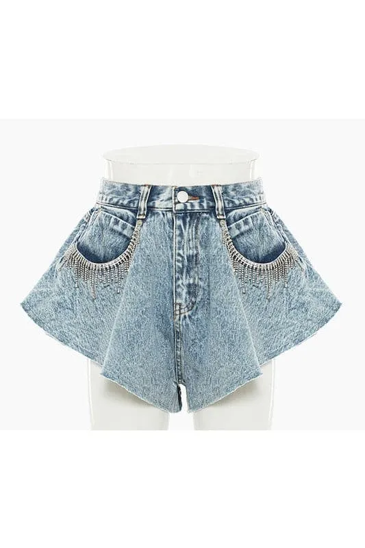 PA907 Rhinestone Fringe Denim Shorts