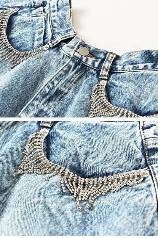 PA907 Rhinestone Fringe Denim Shorts