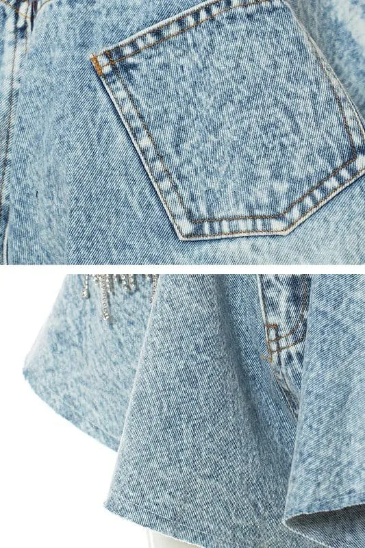 PA907 Rhinestone Fringe Denim Shorts