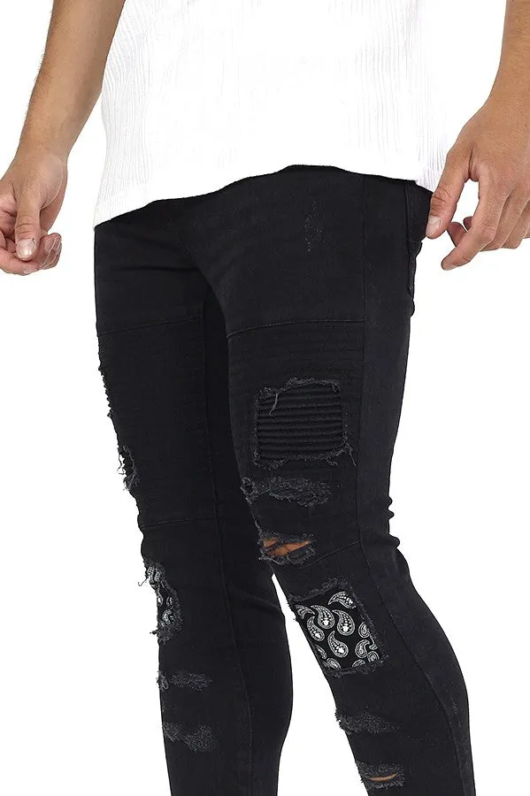 PAISLEY PATCH DETAIL CHARCOAL RIPPED SKINNY JEANS