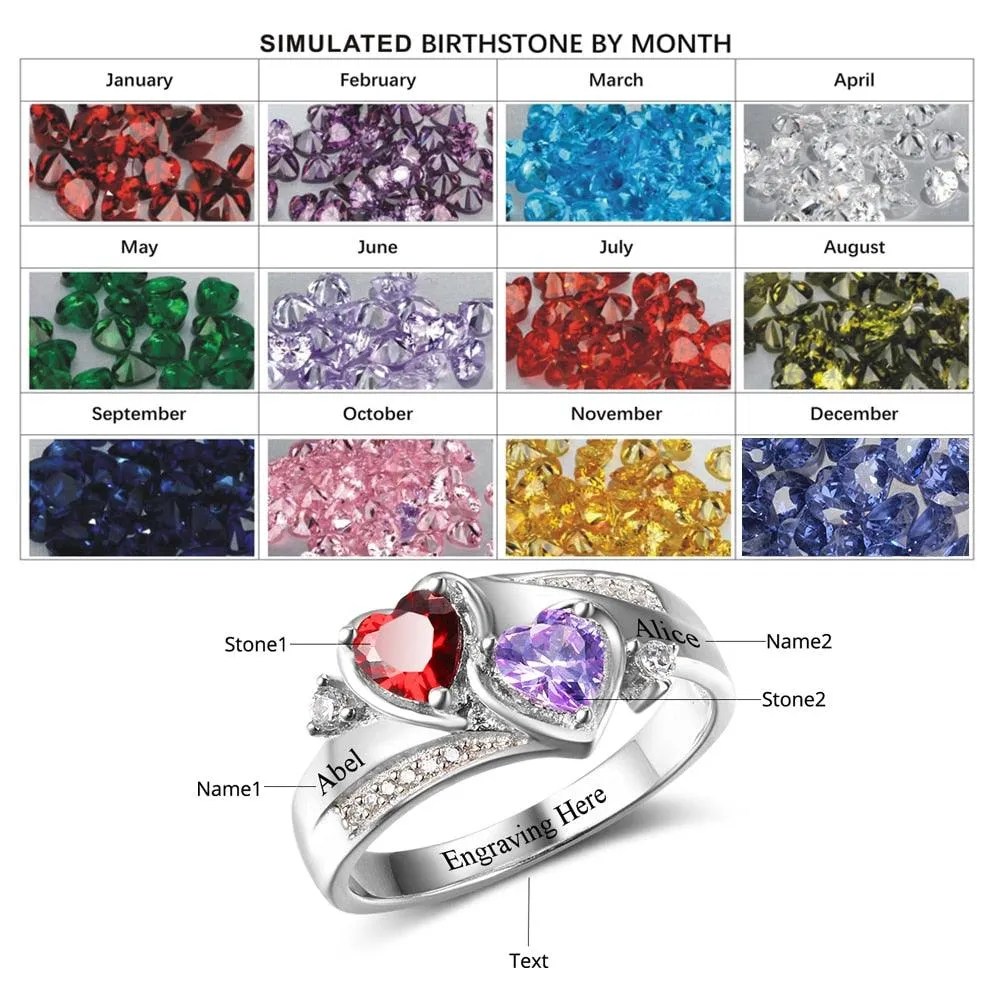 Personalized 925 Sterling Silver Ring - Custom Heart Birthstone - Engrave Custom Names - Customized Gift