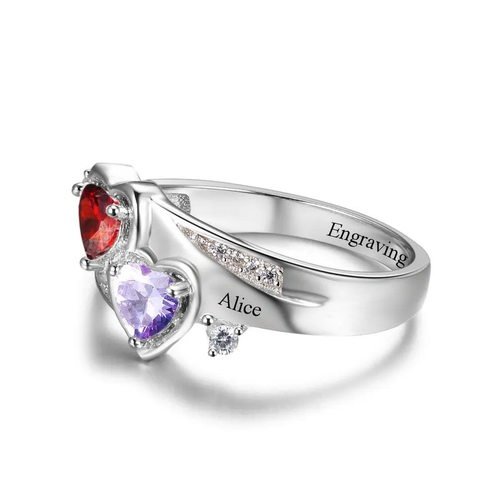 Personalized 925 Sterling Silver Ring - Custom Heart Birthstone - Engrave Custom Names - Customized Gift