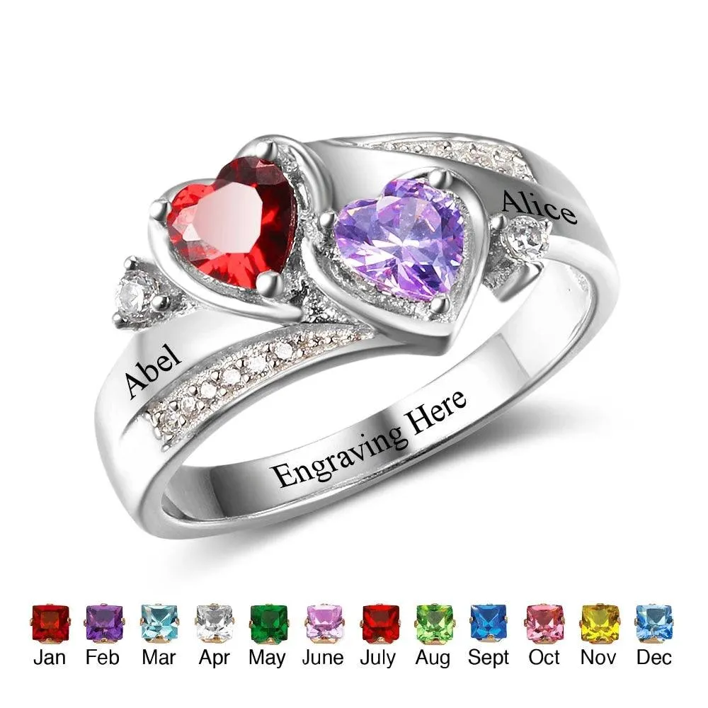 Personalized 925 Sterling Silver Ring - Custom Heart Birthstone - Engrave Custom Names - Customized Gift