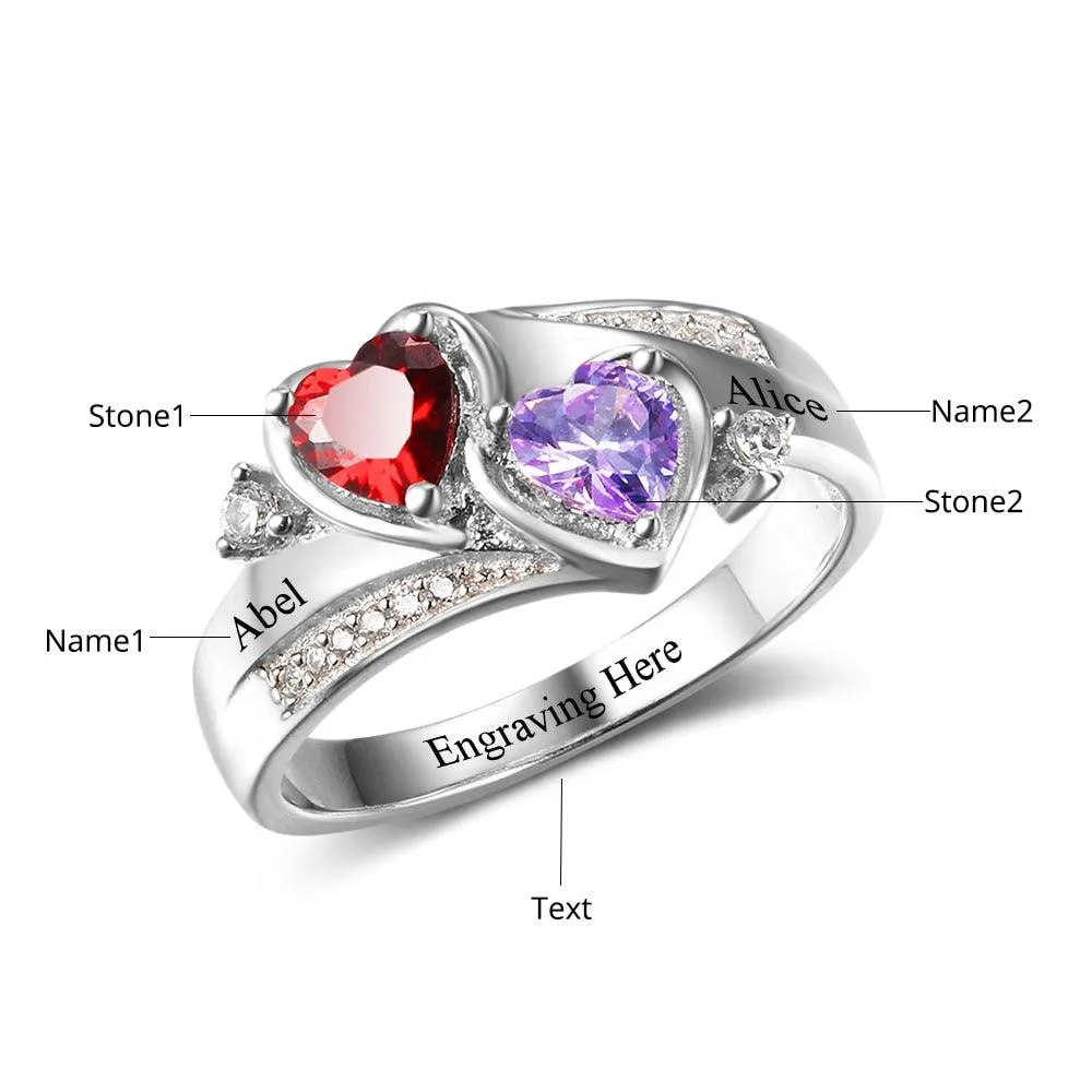 Personalized 925 Sterling Silver Ring - Custom Heart Birthstone - Engrave Custom Names - Customized Gift