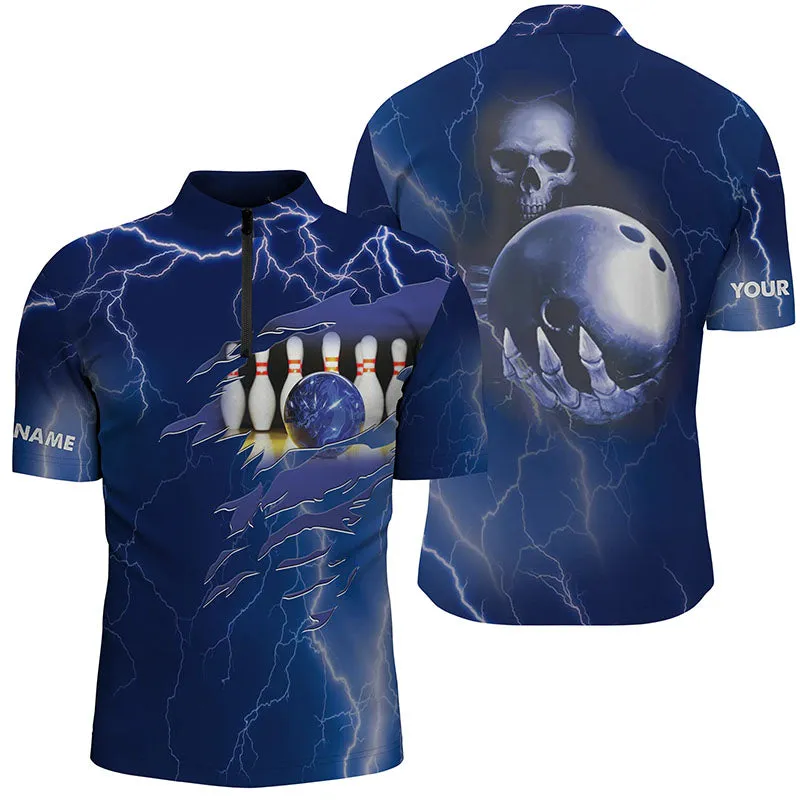 Personalized bowling Quarter-Zip shirt for men blue lightning Custom name Team skull bowling Jerseys