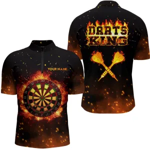 Personalized Flame Darts King Quarter Zip Shirt Custom Name Fire Darts Jersey For Men