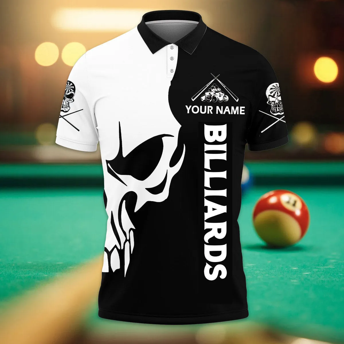 Personalized Name Billiard Skull All Over Printed Polo Shirt, Skull Shirt, Billiard Shirt