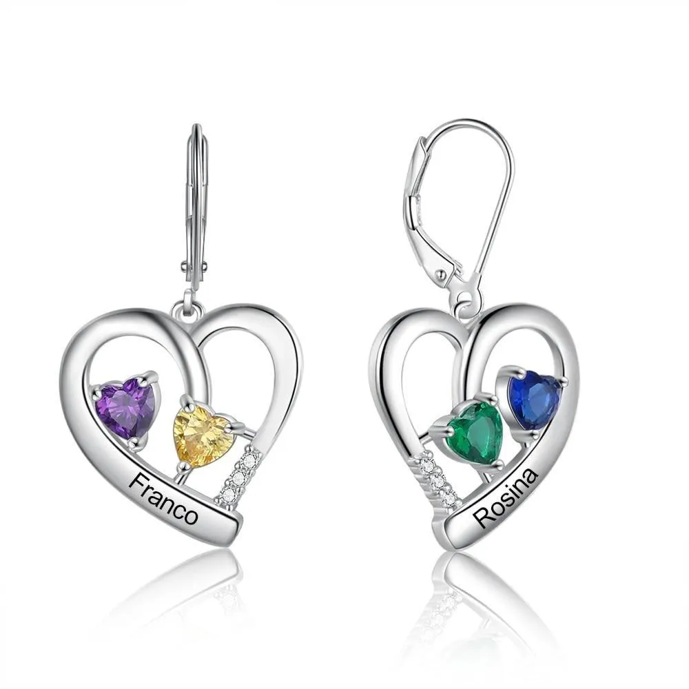 Personalized  Name Engraved And 4 Birthstones Earrings for Women