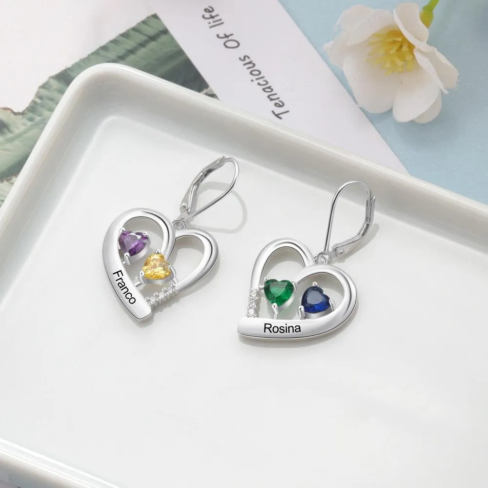 Personalized  Name Engraved And 4 Birthstones Earrings for Women