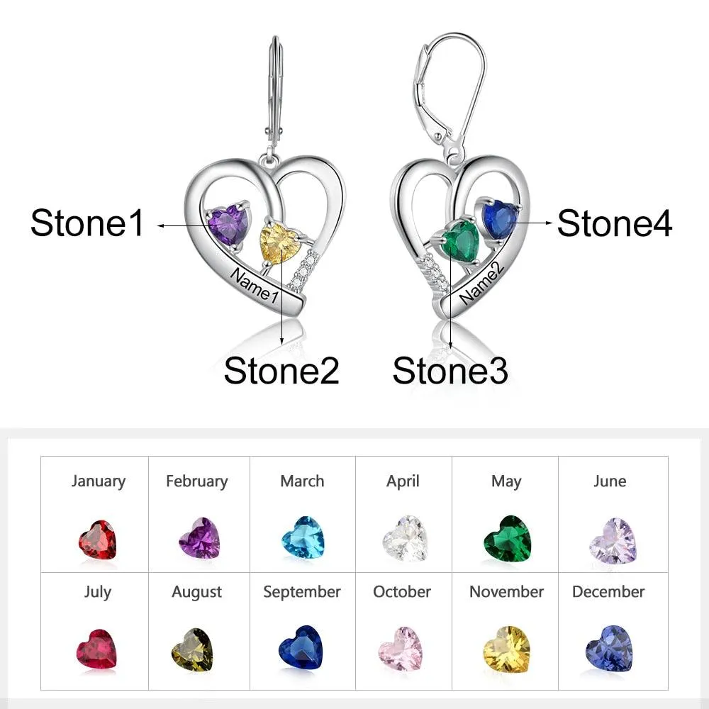 Personalized  Name Engraved And 4 Birthstones Earrings for Women