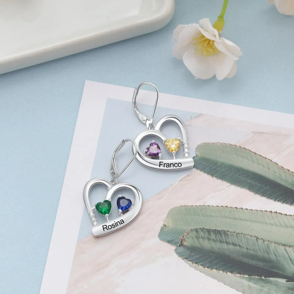Personalized  Name Engraved And 4 Birthstones Earrings for Women