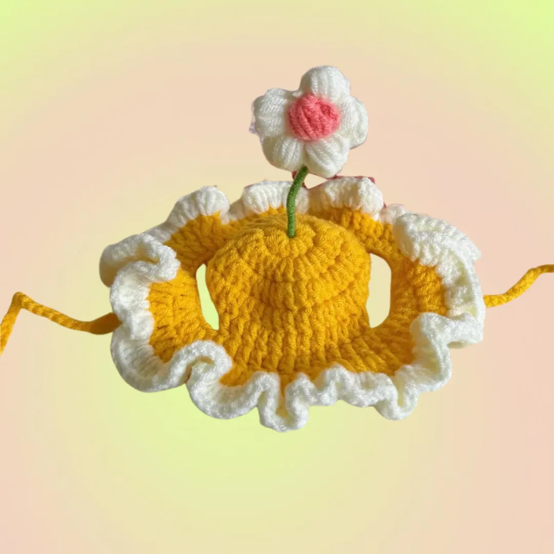 Pet Adjustable Knitting Hat with Ear Holes for Cats and Dogs - Yellow Flower