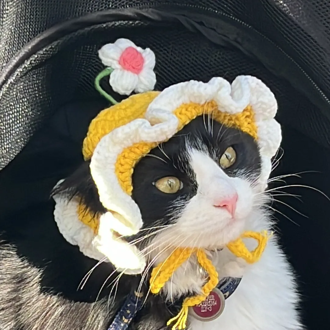 Pet Adjustable Knitting Hat with Ear Holes for Cats and Dogs - Yellow Flower