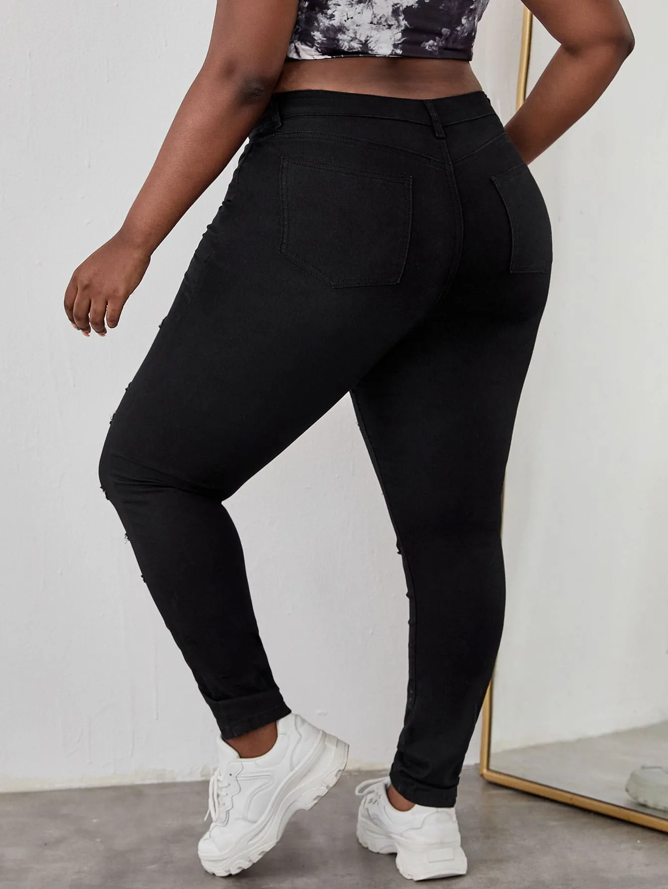 Plain Ripped Natural Long Plus Size Jeans