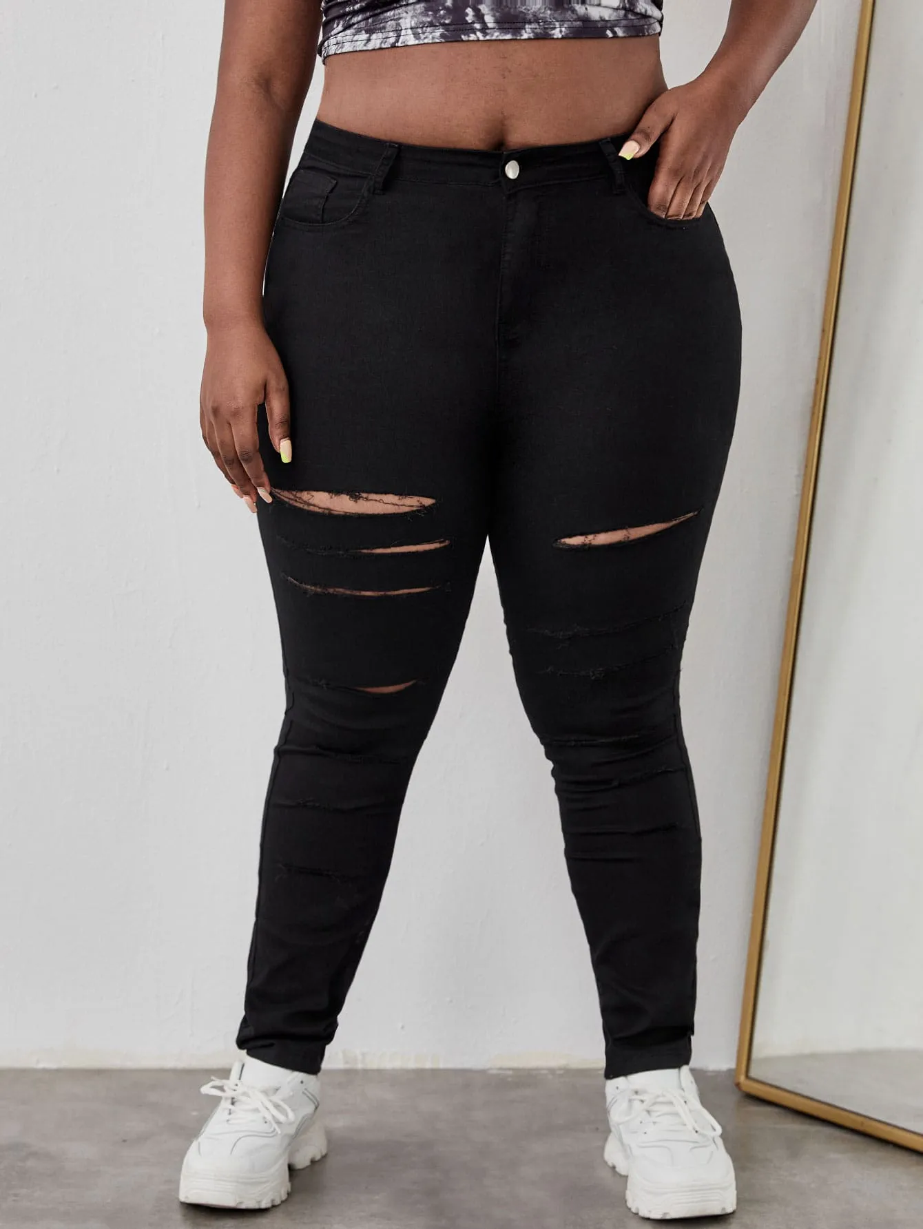 Plain Ripped Natural Long Plus Size Jeans