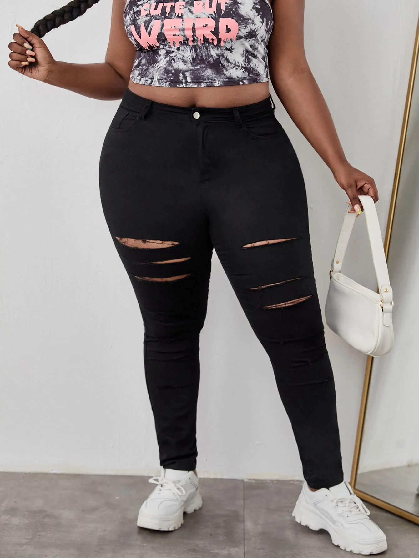 Plain Ripped Natural Long Plus Size Jeans