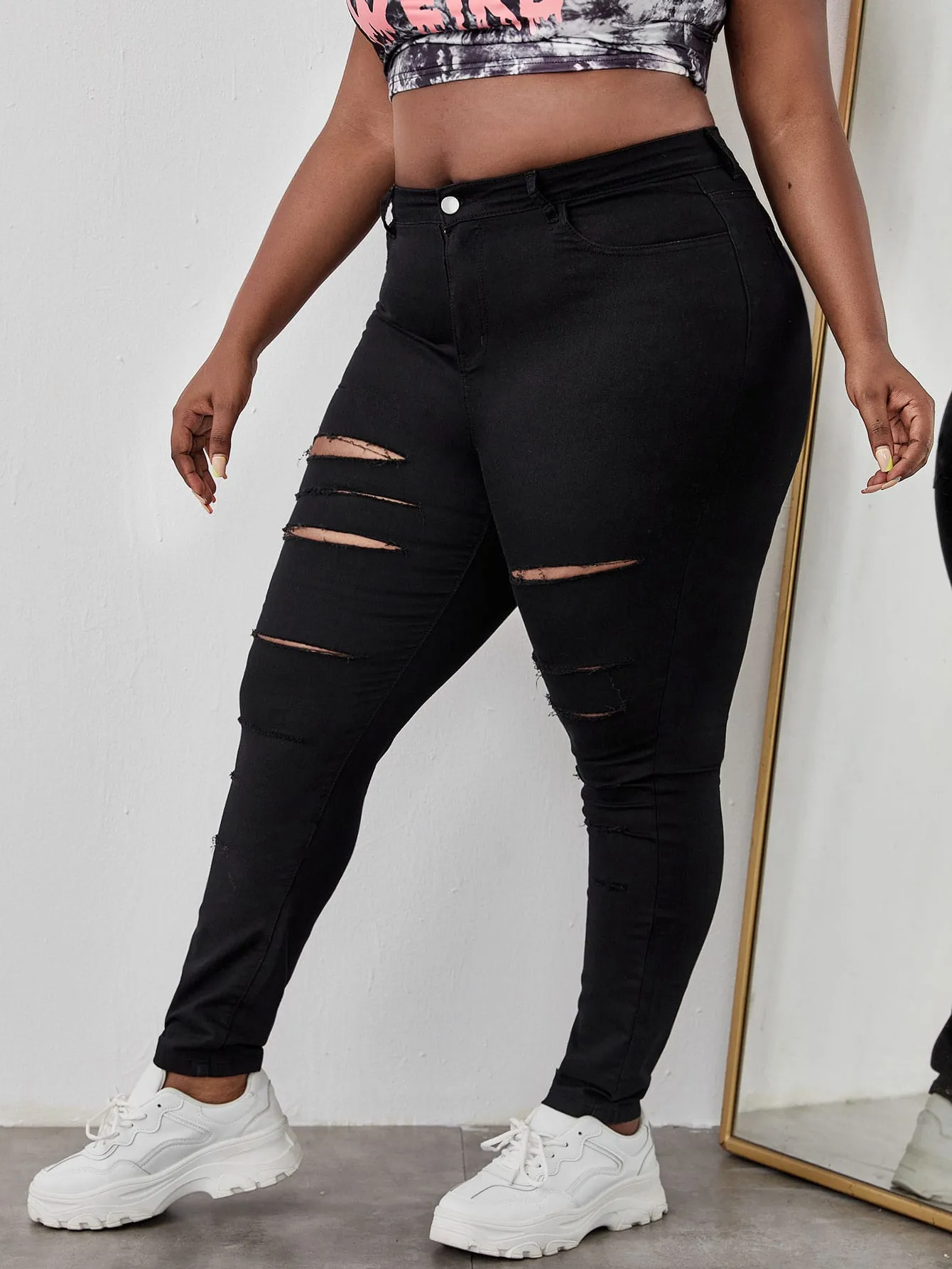 Plain Ripped Natural Long Plus Size Jeans