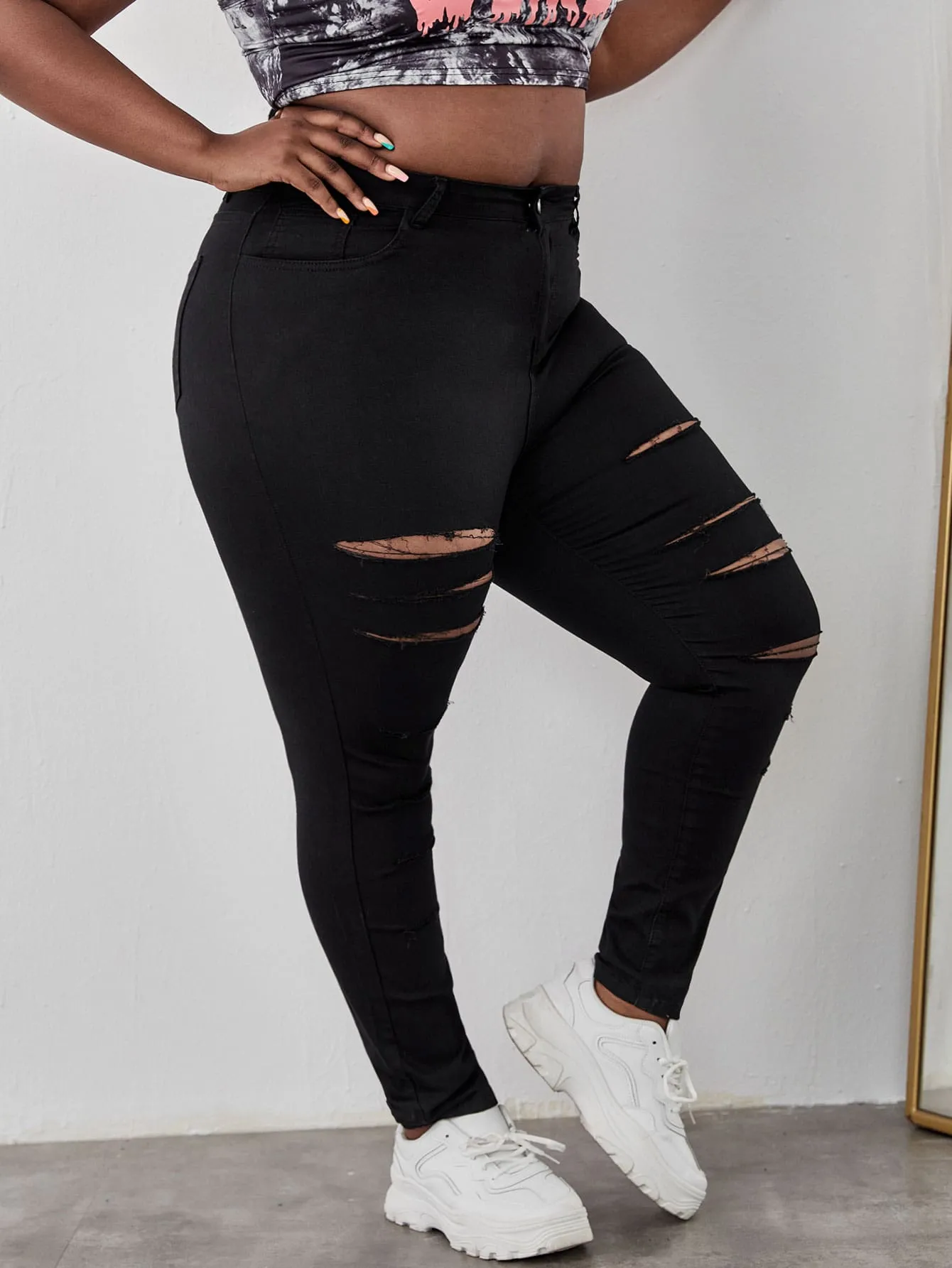 Plain Ripped Natural Long Plus Size Jeans