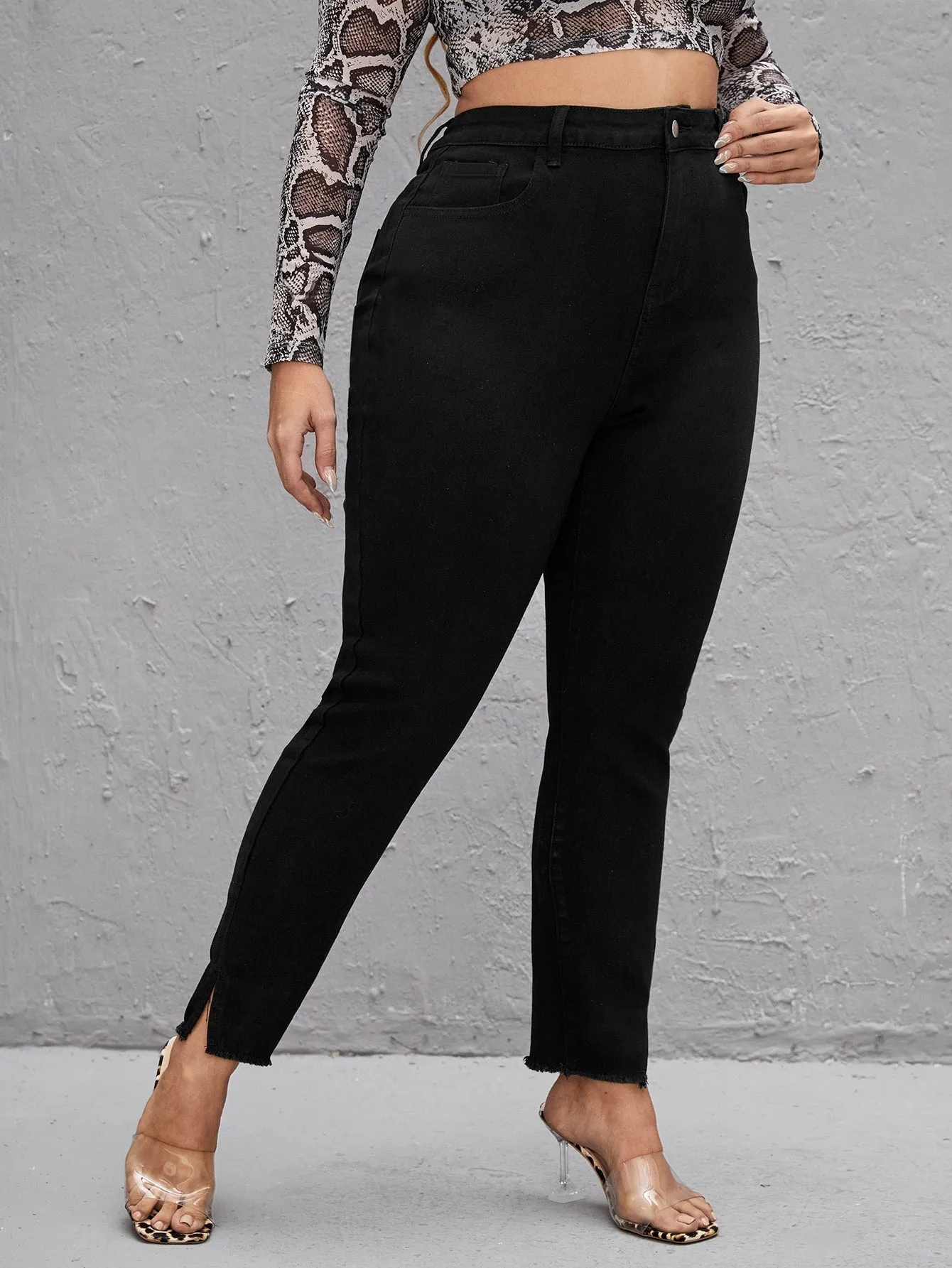 Plain Split Natural Cropped Plus Size Jeans