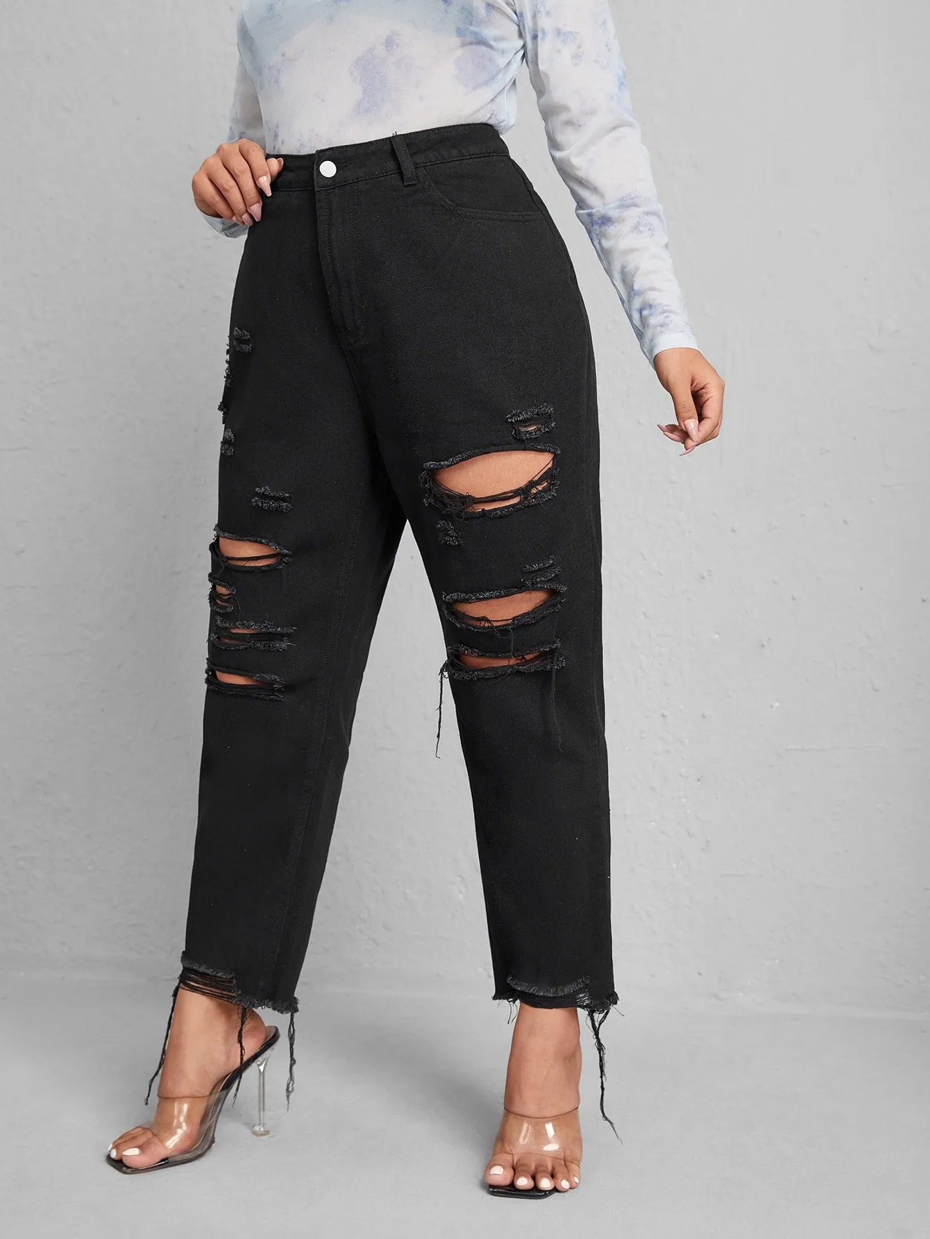 Plain Zipper High Waist Cropped Plus Size Jeans