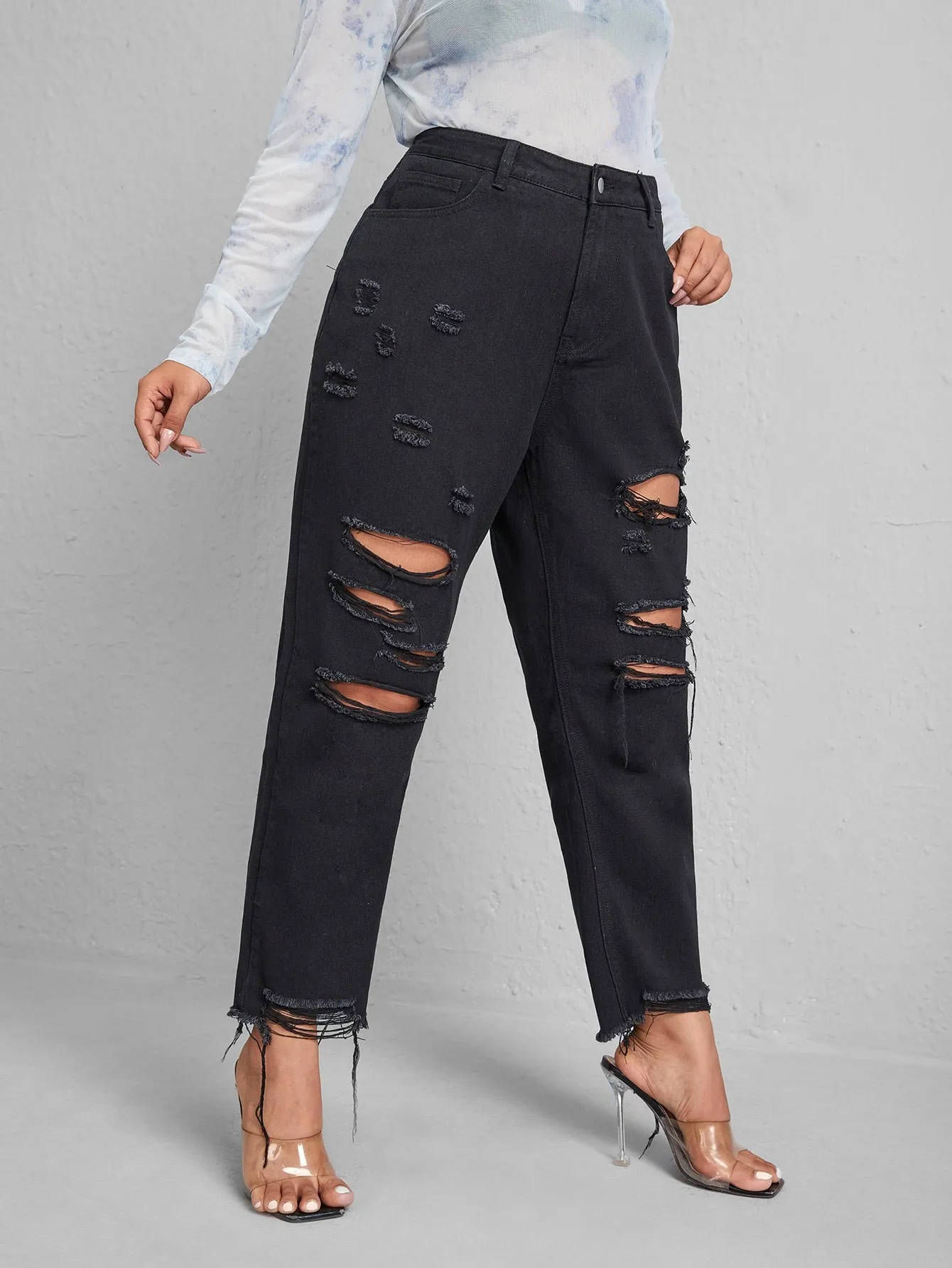Plain Zipper High Waist Cropped Plus Size Jeans