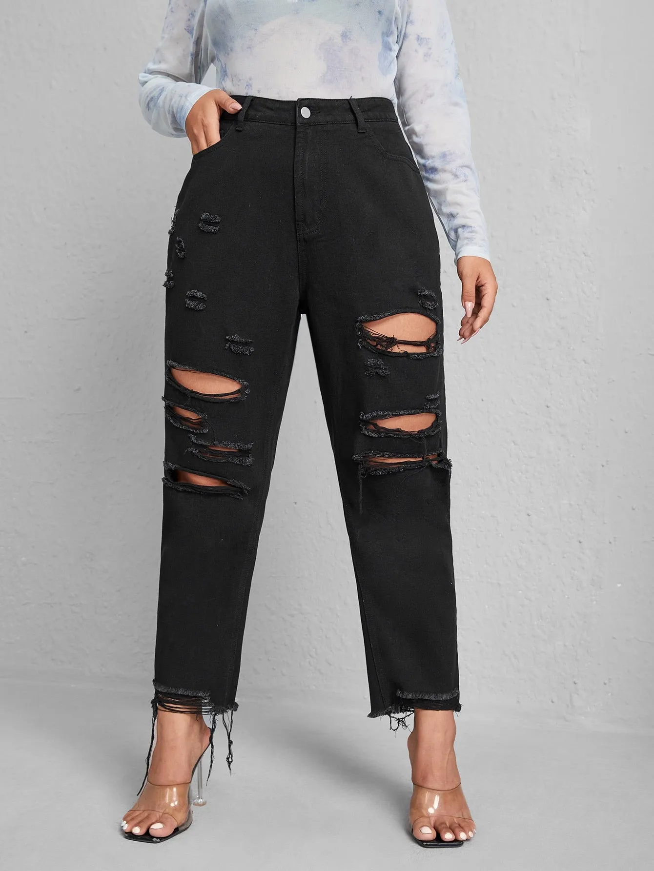 Plain Zipper High Waist Cropped Plus Size Jeans