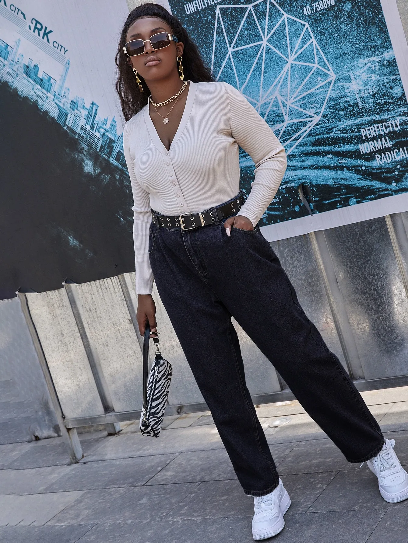 Plain Zipper High Waist Long Plus Size Jeans